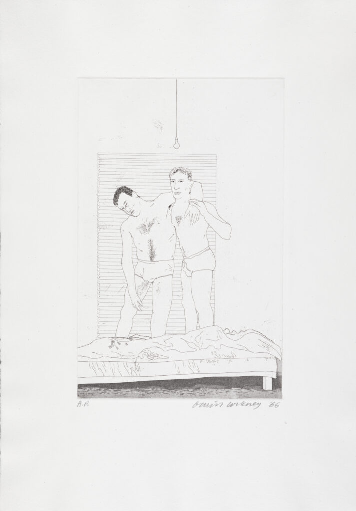 David Hockney, One Night, 1966-1967, Radierung und Aquatinta, 34,8 x 22,6 cm, Kunstsammlungen Chemnitz-Museum Gunzenhauser,  Eigentum der Stiftung Gunzenhauser, Chemnitz © David Hockney