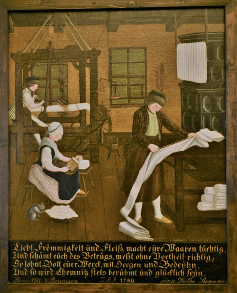 J.F.F, Interieur einer Weberstube, Chemnitz 1780, Schloßbergmuseum, Foto:  Peer Ehmke
